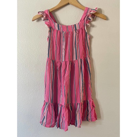 Zunie Girls Dress Medium 10/12 Pink Blue White Stripe Ruffle Sleeve Square Neck - Picture 3 of 8